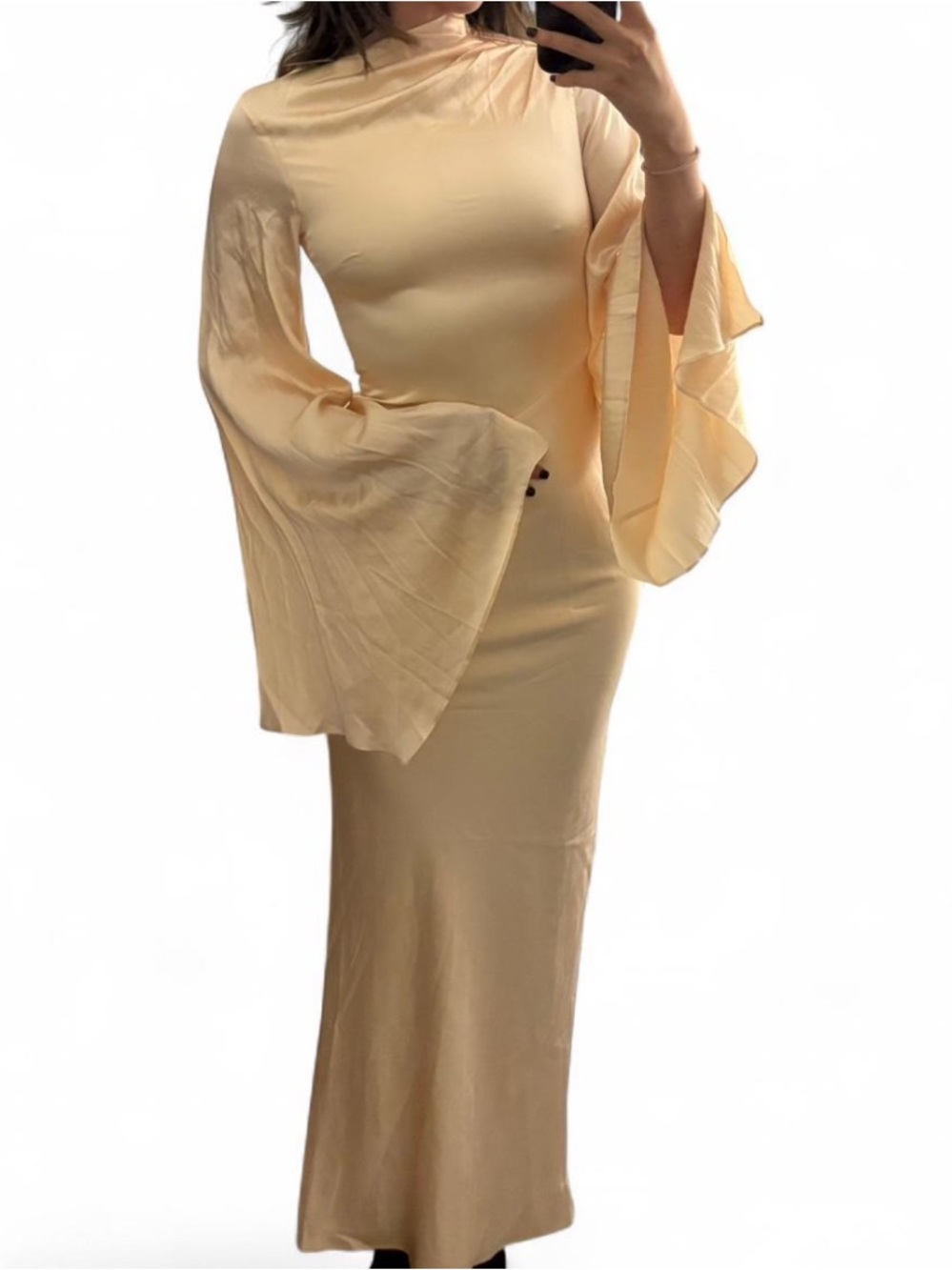 DE LA VALI Silk Cream Bell-Sleeve Maxi Wedding Dress $875 Size Small - Picture 4 of 5